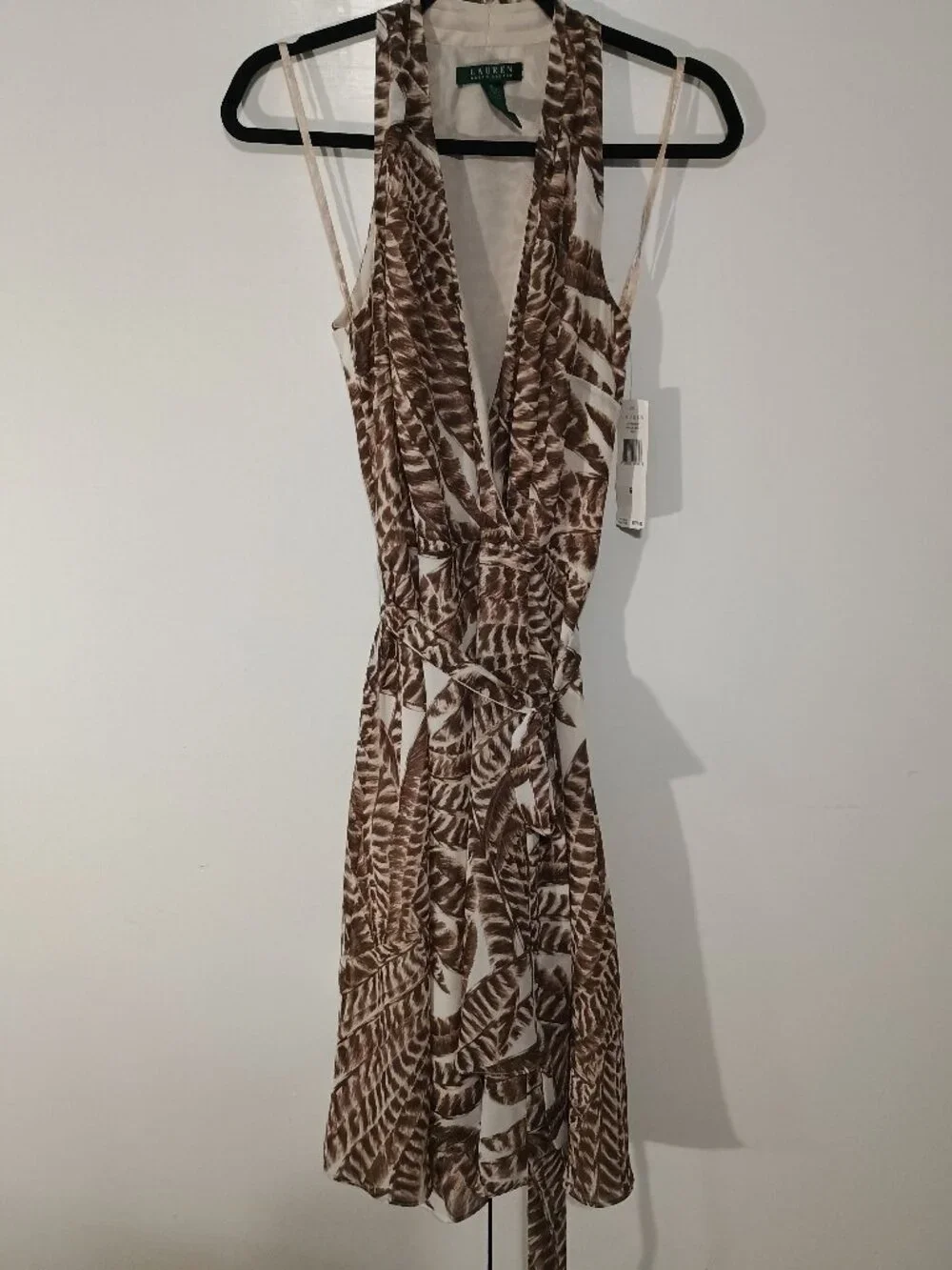 Lauren Ralph Lauren Feather Print Halter Dress Size 6 NWT Brown Ivory Wrap Tie W - Picture 2 of 8